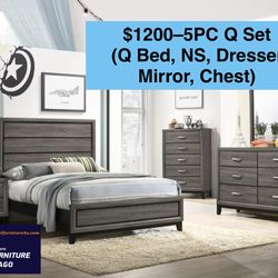 🌺 FREE DELIVERY 🌺Brand New 5PC Queen Size Bedroom Set ( Queen Bed, NS, Dresser, Mirror, Chest)