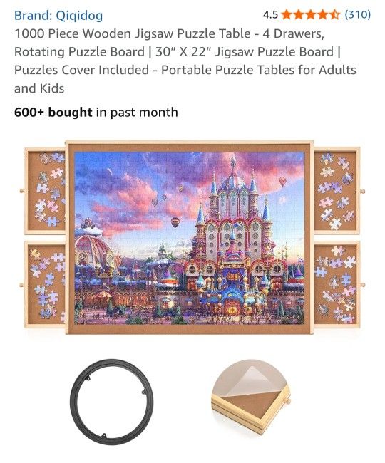 New 1000 Piece Wooden Jigsaw Puzzle Table - 4 Drawers, Rotating Puzzle Board | 30” X 22” Jigsaw Puzzle Board | Puzzles Cover Included - Portable