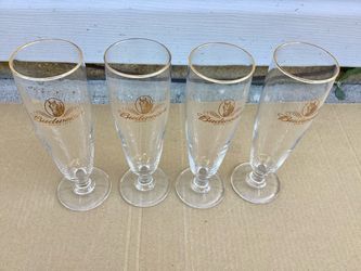 4 Vtg. Budweiser Since 1876 Gold Rim Clydesdale 8” Pilsner Beer Champagne Glasses Barware