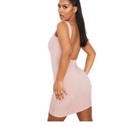 Prettylittlething Women Blush Ribbed Ruched Back Pink Bodycon Dress Size 10