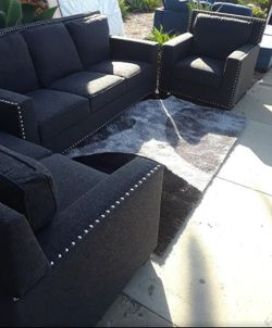 Brand New Dark Grey Linen Sofa Loveseat & Chair With Silver Nail Head Trim