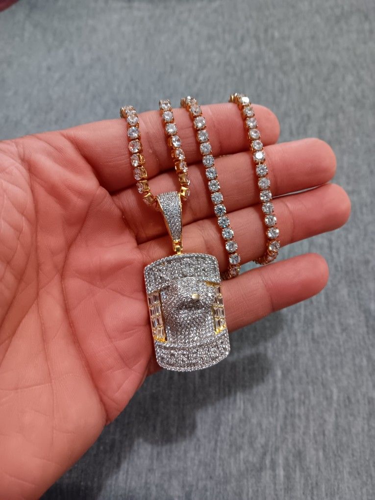 New Micro Pave "Rich Forever "Pendant and Stainless Steel Iced Out Necklace