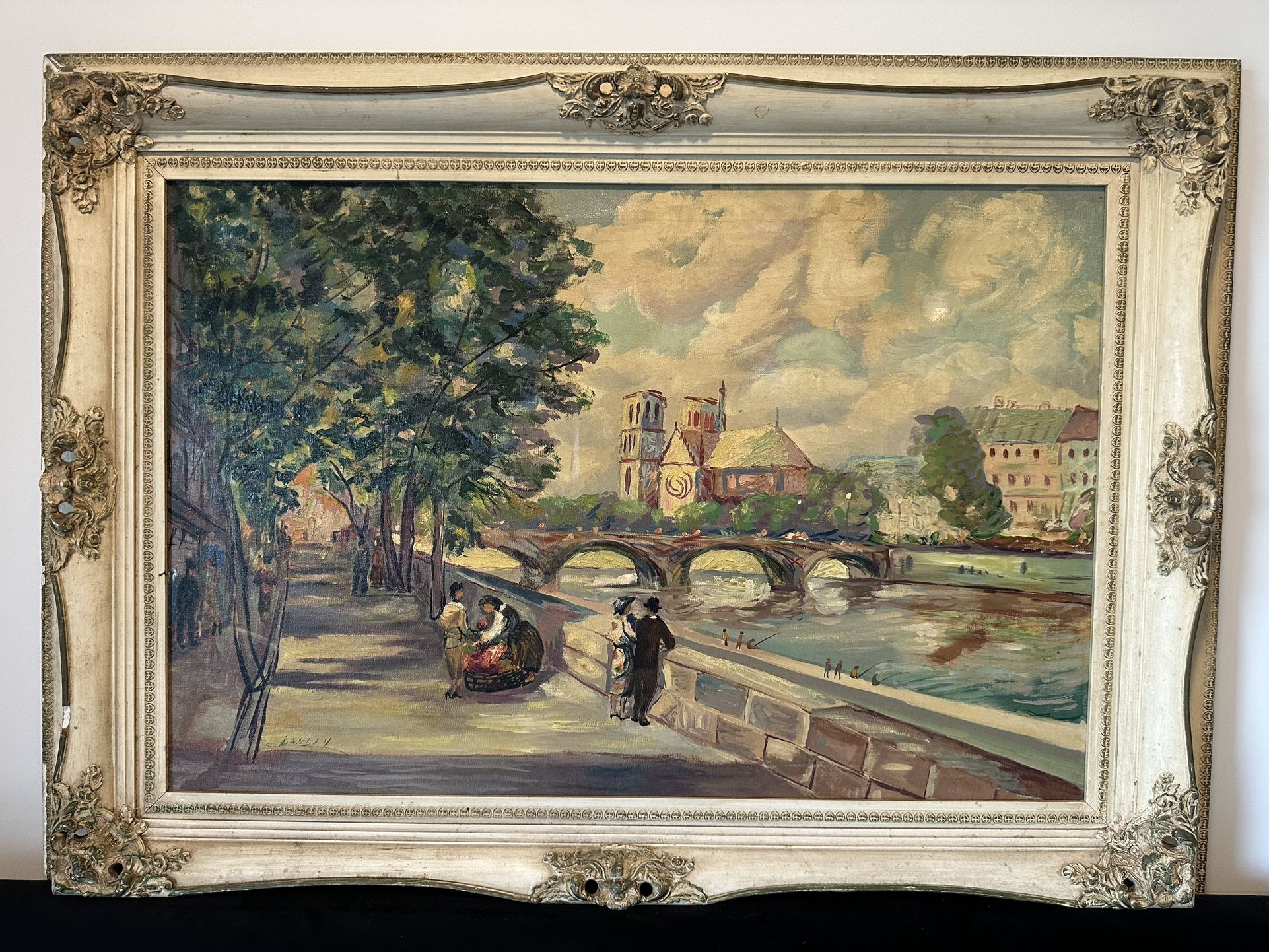 Large Signed Oil Painting – Z. Landau – Paris Notre-Dame Scene – Framed 45x33 – Original Art