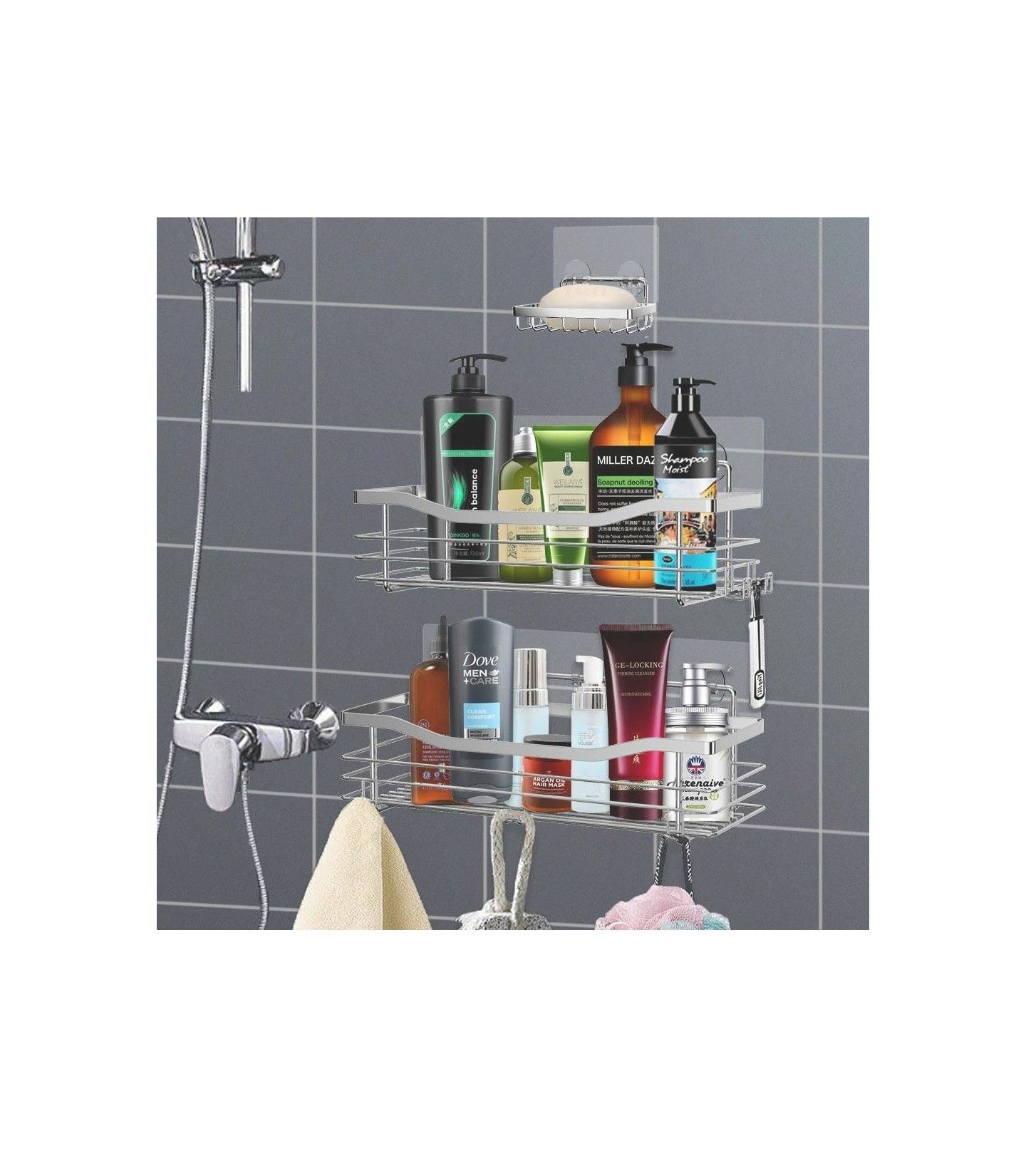Shower Caddy Basket Soap Dish Holder Shelf Bathroom Organizer Shelf Kitchen Storage Rack Wall Mounted Adhesive No Drilling SUS304 Stainless Steel