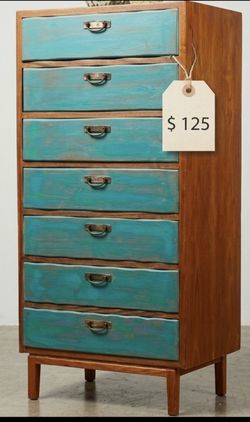 Like-New Solid Wood Mid-Century 7-Drawer Tallboy Dresser —