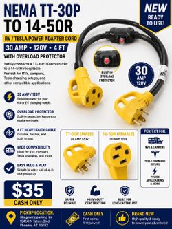 NEMA TT-30P to 14-50R RV / Tesla Power Adapter Cord – 30 Amp 120V – 4 FT with Overload Protector – New – $35