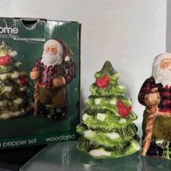 Vintage JCPenny Home Collection Salt & Pepper Set Santa & Tree NIB - Woodland 