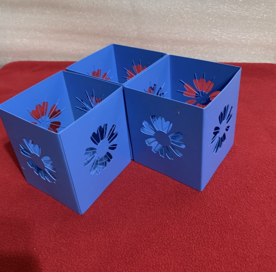 3 Square Flower Cutout Blue Metal Tea Light Candle Holder Organizer Storage Box 