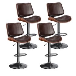Four brown Swivel Bar Stools 4 Adjustable Kitchen island Counter Modern Leather Upholstered Chair 