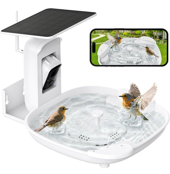 Bird Bath with Camera, Automatic Water Flowing, 2K Bird Camera Captures Bird Activity,
