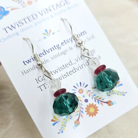 Handmade Christmas Holiday Glass Beads Dangle Earrings in Green, Red and Clear