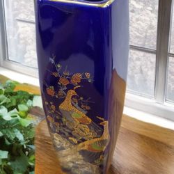 Vintage Japanese 11.5" Cobalt Blue Slim Vase With a Peacock And Floral Design