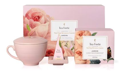 Tea Forte Jardin 3-Piece Premium Tea Gift Set with Rose Pink Cafe Cup with Lid, Tea Tray and More