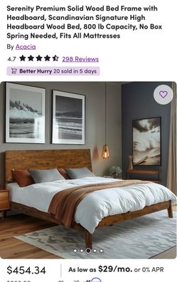 Serenity Premium Solid Wood Bed Frame with Headboard, Scandinavian Signature High Headboard Wood Bed, 800 lb Capacity, No Box Spring Needed, Fits All 