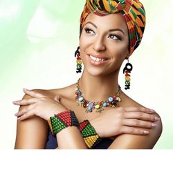 4 Pieces Women Accessories Including African Turban Wood African Earrings and Jamaican Bracelet for Women Teenagers and Girls