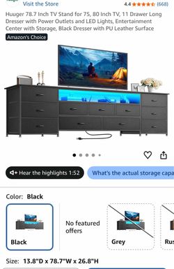 78.7 Inch TV Stand for 75, 80 Inch TV, 11 Drawer Long Dresser with Power Outlets and LED Lights, Entertainment Center with Storage, Black Dresser with