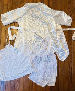 3 Pack “Bride”/Wedding Short Sleeve Robe & M/L Tank Top Set; White & Blue