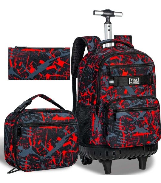 FTJCF 3Pcs Rolling Backpack for Boys, 19 Inche Adults Roller Bag with Wheels, Graffiti Wheeled Bookbag Set for Men(Red) new selling for only $30