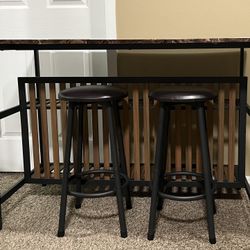 Dora 3-Piece Rectangle Faux Marble Wood Top Brown Dining Table Set, Kitchen Island Set with 2-Stools for Kitchen