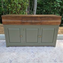 Solid Wood Dark Green and Walnut Sideboard Buffet