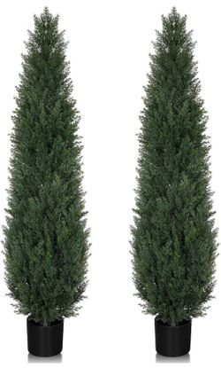 Set of 2 Artificial 5FT Cedar Topiary Trees, UV Resistant Faux Outdoor Plants in Pots