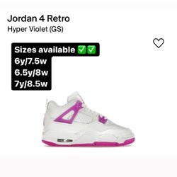 Jordan 4 Retro Hyper Violet GS SIZES 6y, 6.5y, 7y