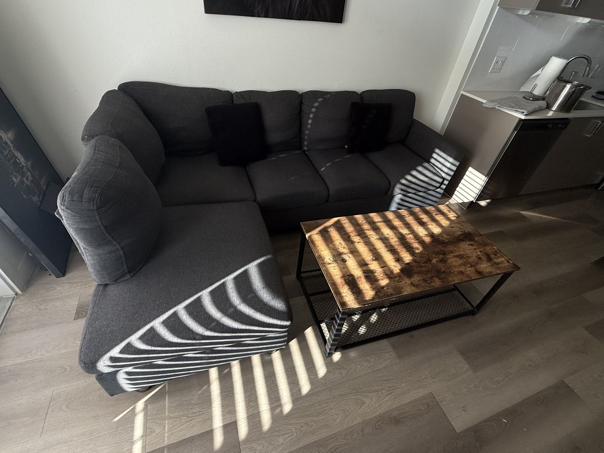 Gray Sectional Couch + Coffee Table