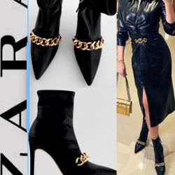 ZARA LOGGERS FAVOR-pointed TOE GOLD CHAIN BLACK LEATHER ANKLE BOOTS  US 6 /EU 36