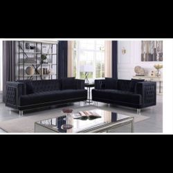 Brand New 2pc Black Velvet Sofa Set