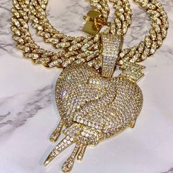 Men’s Miami Cuban Link Chain Necklace, 14K Gold 5X Layered Cuban Chain, Drip Heart Necklace, CZ Diamond Heart Choker, ICY Necklace, Chain