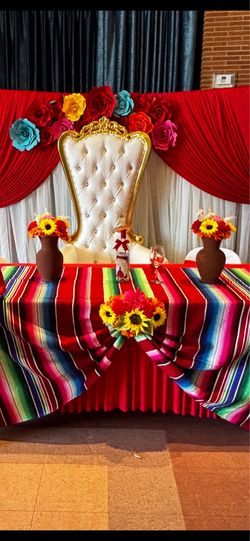 Mexican theme Floreros centerpieces and paper flower backdrop