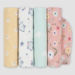 Gerber Baby Girls 4 Pack Fox Flannel Blanket - Orange/yellow/light Blue And White