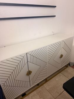 White Sideboard Buffet Cabinet with Gold Geometric Detail