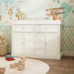 White Wooden Changing Table, Chest of Drawers, Dresser with 3-Drawers and 4-Shelves without Pad