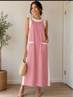 Vintage Rose Pink and White Colorblock Sleeveless Maxi Dress