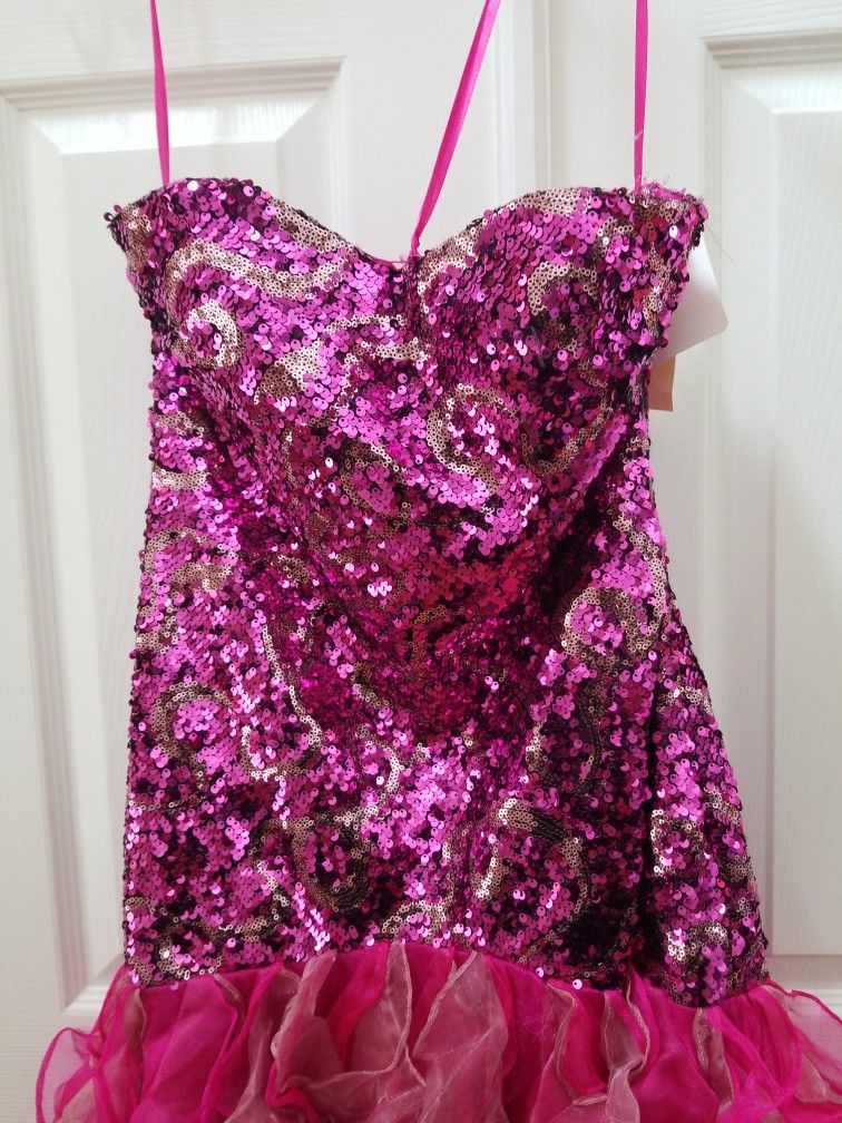 Pink Silver Fuschia Strapless Sequined High Low Dress Size 8
