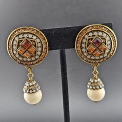 Heidi Daus Signed Clip-On Dangle Earrings Silver Tone Rhinestone Pearl Drop