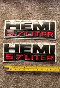 2 Hemi 5.7 Liter badge emblems adhesive back  5.63"x1.89"  *OR* 4.72"x1.57"  black or silver. SHIPPING AVAILABLE