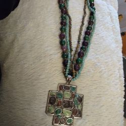 Turquoise And Semi Precious Stone 3 Strand Necklace 
