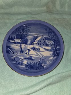 Vintage Currier & Ives Collector Plate The Home In The Wilderness Blue Japan