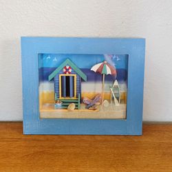 Real Moving Sand & SeaShell/Beach House/Row Boat Shadow Box Wall Diorama