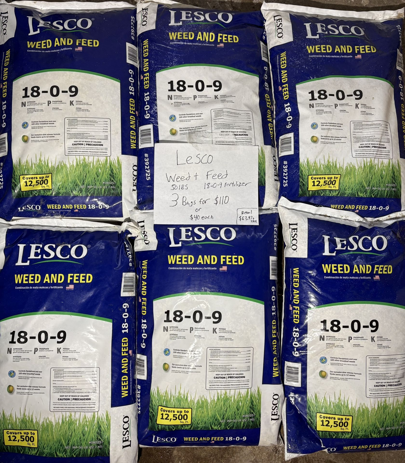Lesco 18-0-9 Weed And Feed Fertilizer- (3 Bags For $110)