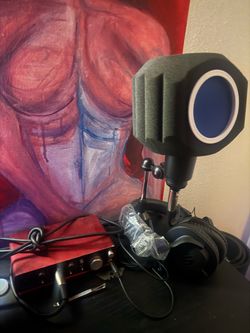 Studio recording equipment. (Mic ,interface, micstand , pop filter , midi cords, headset