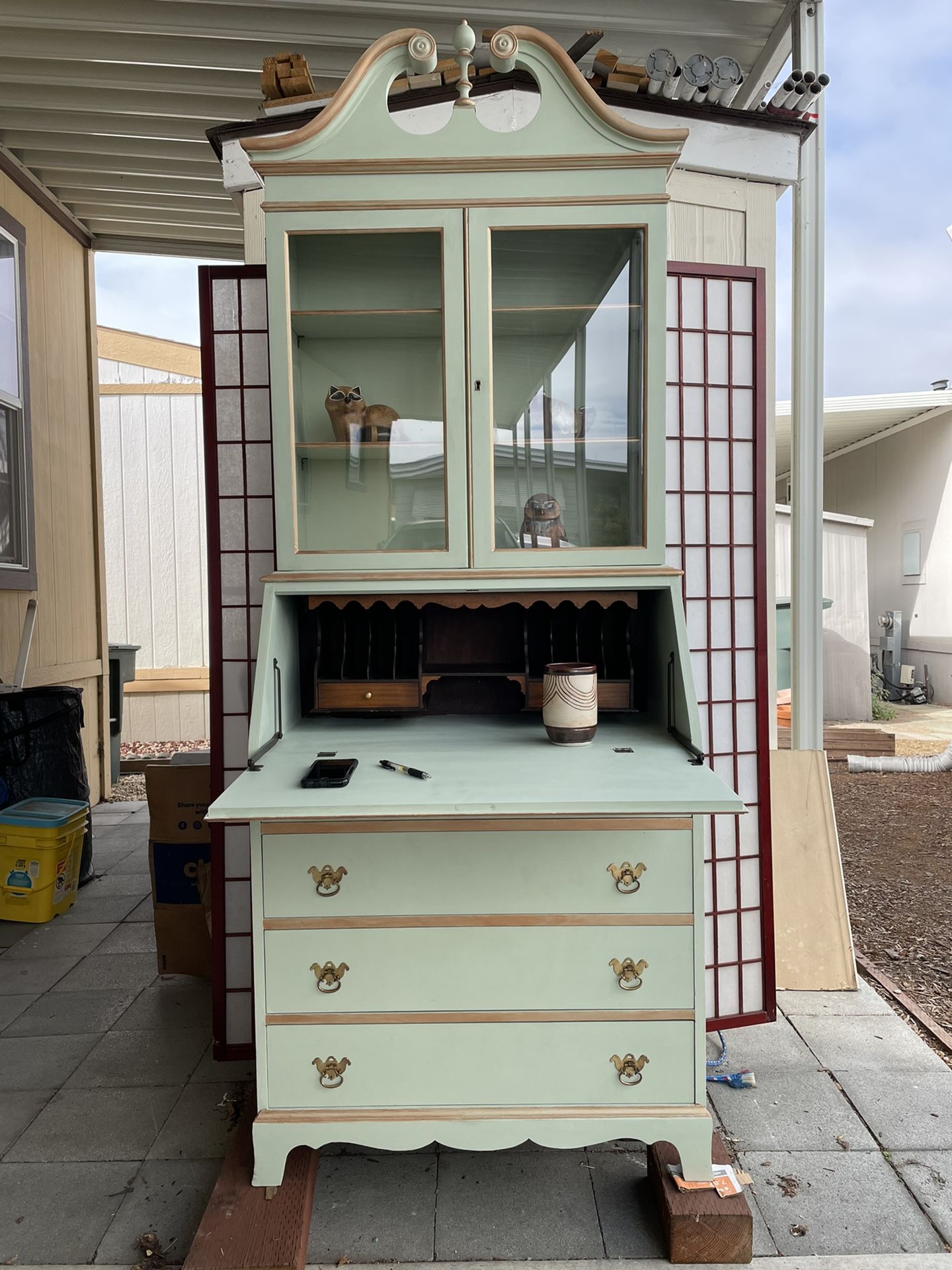 Vintage Drop Down Secretary Desk With Hutch Repurposed With A beautiful Creme de Mint Chalk Paint