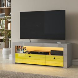 Mid Century Modern TV Stand LED Entertainment Center for TVs up to 55'' TV Cabinet Media Console Table 2 Drawer Storage Open Shelves  