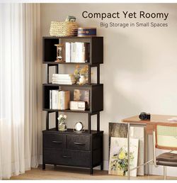 7 Tier Bookshelf, Tall Geometric Bookcase with Fabric Drawers, Modern Display Book Shelves Book Case