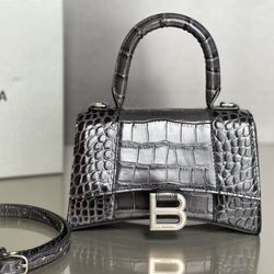 💎 Balenciaga Hourglass Small Bag – Black Croc Embossed Leather, Silver Hardware