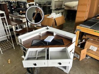 VKCC Corner Dressing Table with Swivel Mirror, Makeup Desk with 3-Color LED Lights, Charging Station and Drawers, White