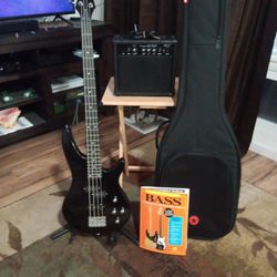 Bass Guitar, Guitar Stand, Case, Amplifier, Book
