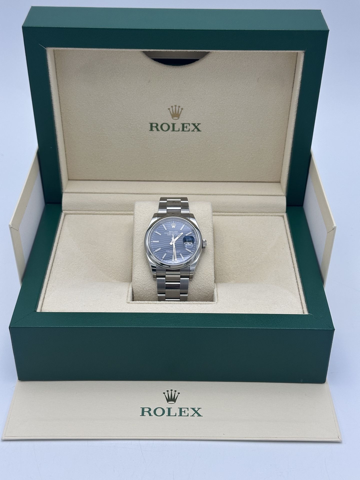 36mm Rolex Datejust Blue Motif Dial Box & Papers